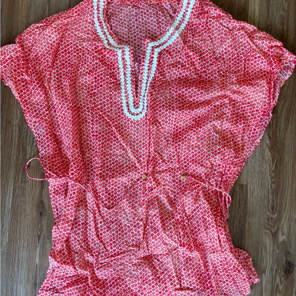 Tory Burch Vibrant Orange and White Quartefoil Lattice Tunic